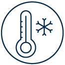 Fußbodensysteme 18 Symbol eines Thermometers mit Schneeflocke, das kalte Temperaturen anzeigt.